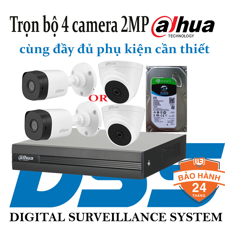 Combo trọn bộ 4 camera HDCVI Dahua 2MP hàng chính hãng DSS Việt Nam