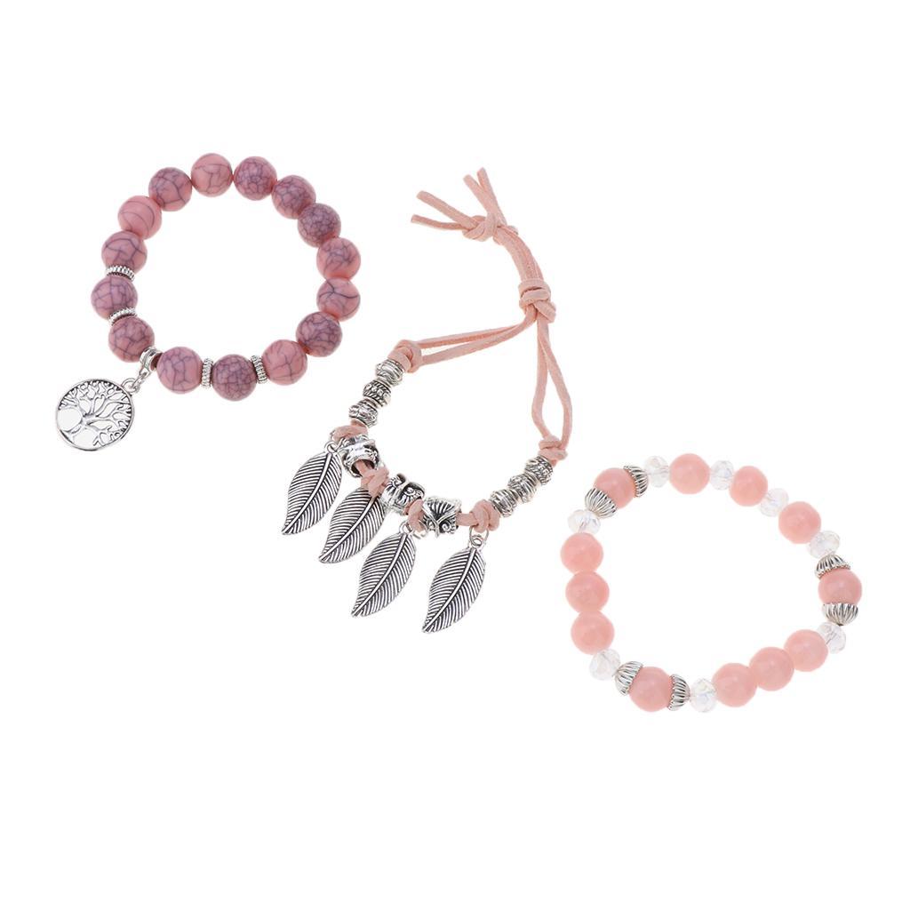 Glass Bracelet Multilayer Leaf Bangle Beads Vintage Design Chain Pink