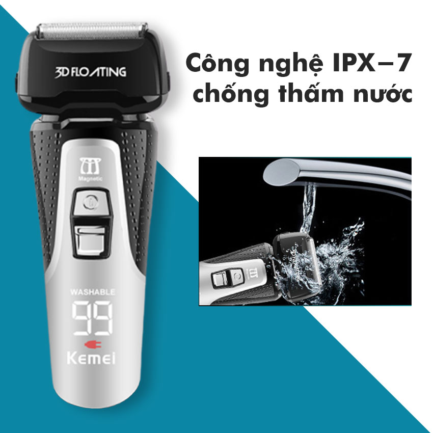 Máy cạo râu cao cấp Kemei-1531 thiết kế 3 lưỡi dao cạo khô và ướt với công nghệ chống thấm nước IPX7, màn hình LCD hiển thị thông minh