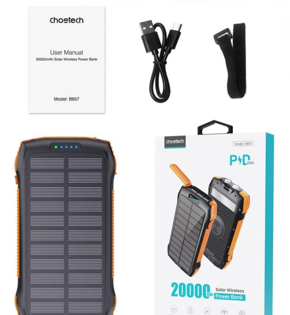 Pin sạc dự phòng Choetech B657 Năng Lượng Mặt Trời Tích Hợp Sạc không Dây 20W dung lượng 20.000mAh (hàng chính hãng)