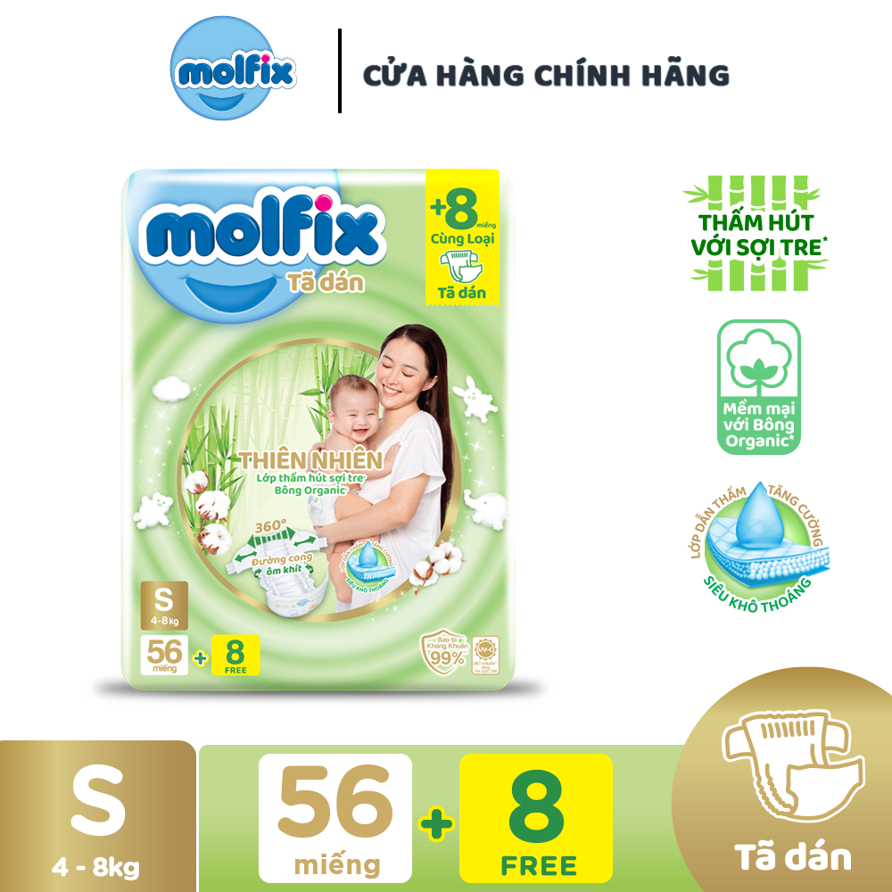 Tã/bỉm dán Molfix Thiên nhiên Jumbo S (4kg - 8kg) - Gói 60 miếng