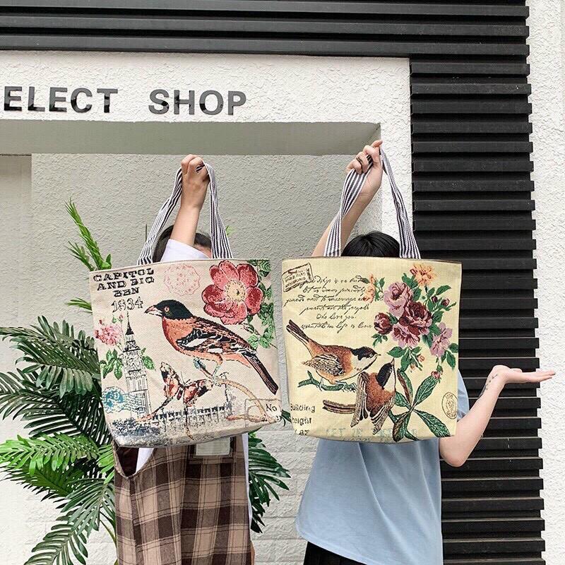 Túi tote vải in hình dễ thương chất liệu cói vải canvas cao cấp