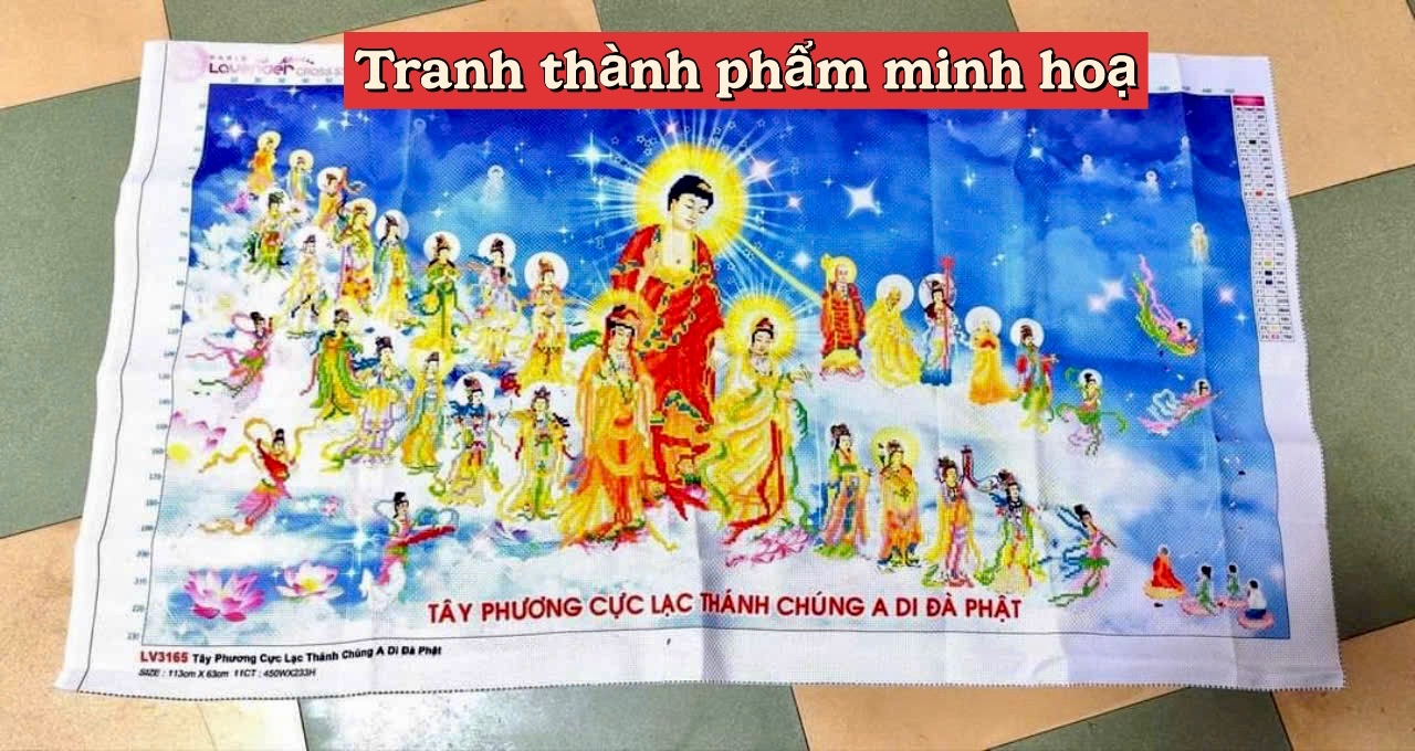Tranh thêu Tây phương cực lạc thánh chúng a di đà phật LV3165, kích thước 113 x 63 cm