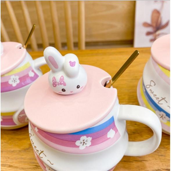 Cốc sứ kỳ lân, thỏ xoáy cầu vồng có nắp thìa - Cốc uống nước họa tiết unicorn dễ thương - quà tặng văn phòng