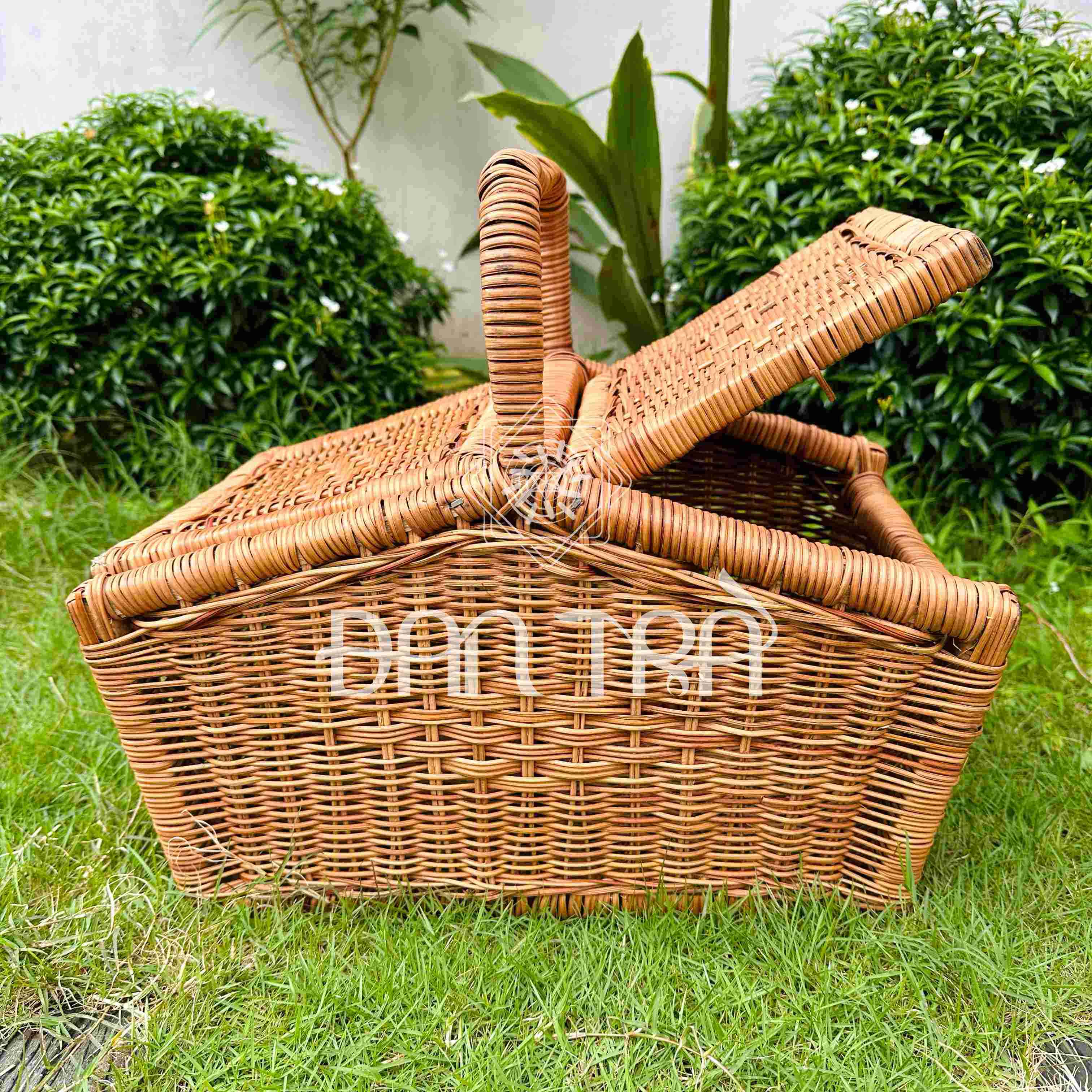 Giỏ Mây Picnic Khung Gỗ Đan Trà - Giỏ Mây Picnic Truyền Thống Đựng Bánh Mì- Giỏ Mây Decor Rẻ Đẹp- Mây Tre Đan Decor