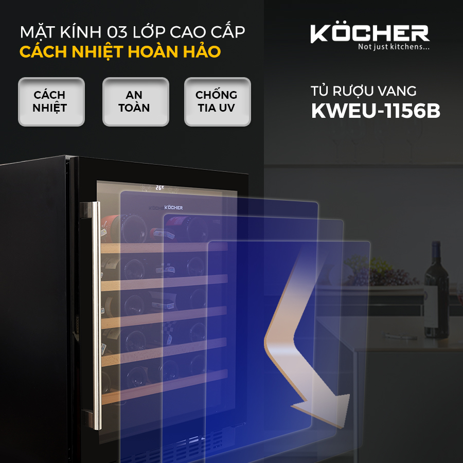 Tủ ướp, bảo quản rượu vang thương hiệu Kocher. Model KWEU-1156B Dung tích 135L (Sức chứa: 54 chai) - Hàng Chính Hãng