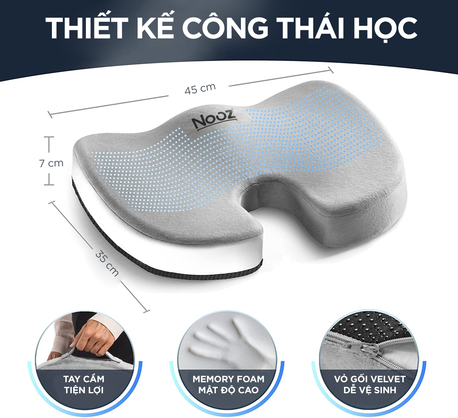 Đệm Lót Ghế Ngồi NOOZ Home Goods Gối Lót Ghế Ngồi Bệt Memory Foam Giúp Chống Đau Lưng, Đau Xương Cụt, Đau Thần Kinh Tọa Ruột Đệm Cao Su Non Danh Cho Dân Văn Phòng