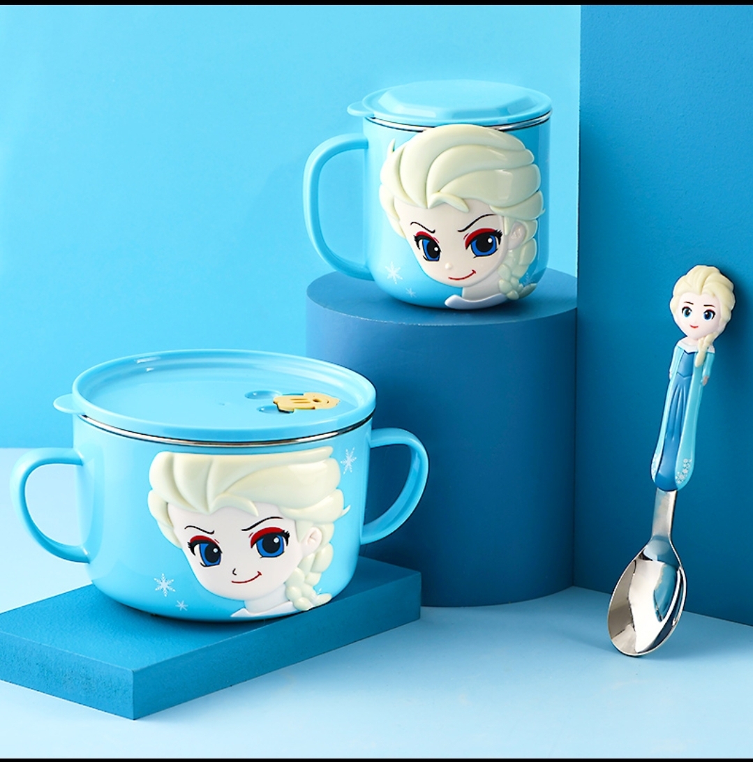 Set 3 món tô ly giữ nhiệt inox kèm muỗng Disney Frozen Elsa cho trẻ em