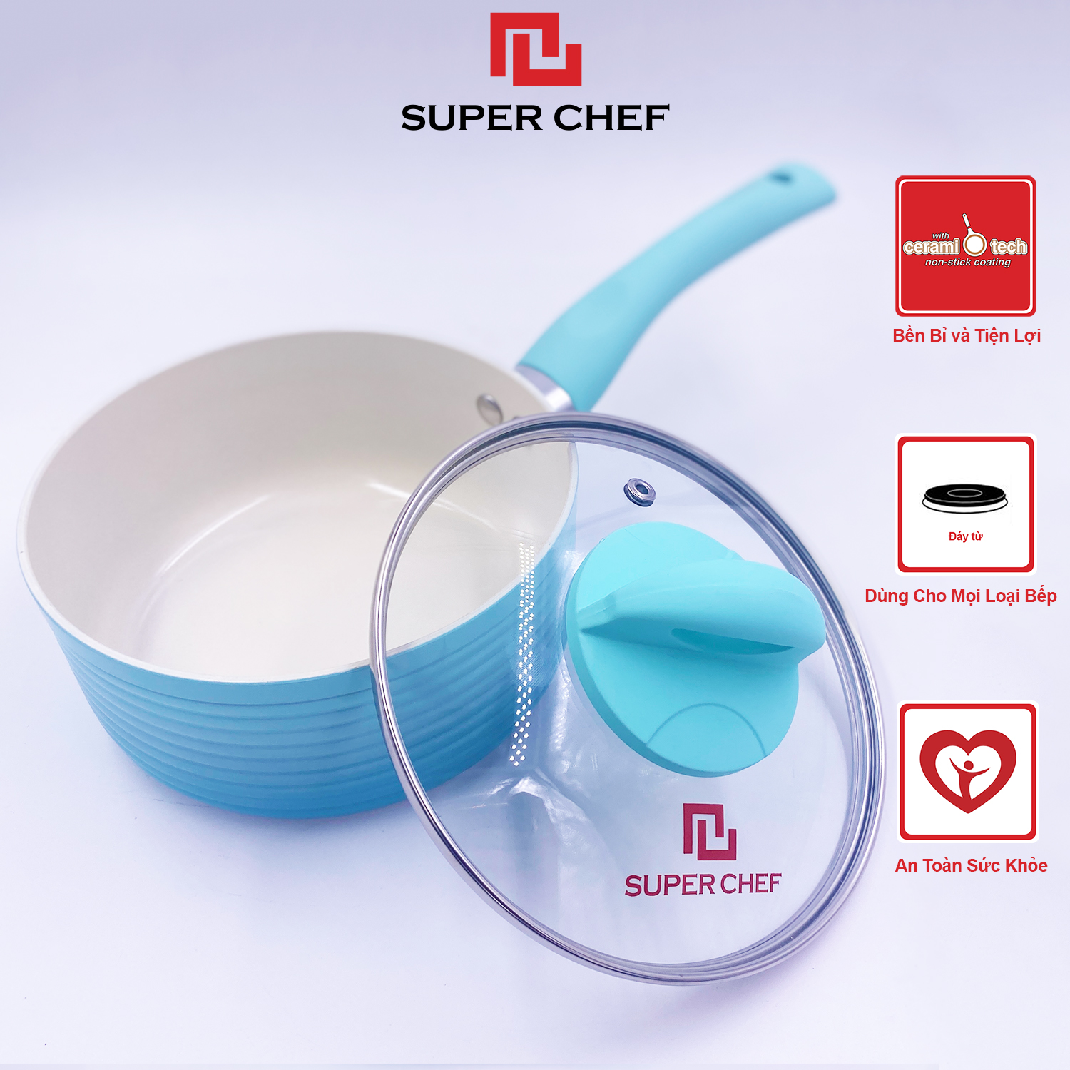 Nồi Cán Dài/ Quánh Ceramic Đáy Từ Chef Blue Cao Cấp An Toàn Sức Khỏe, Thiết Kế Mới, Siêu Bền Bỉ Không Bong Tróc, Hạn Chế Trầy Xước Size 16cm