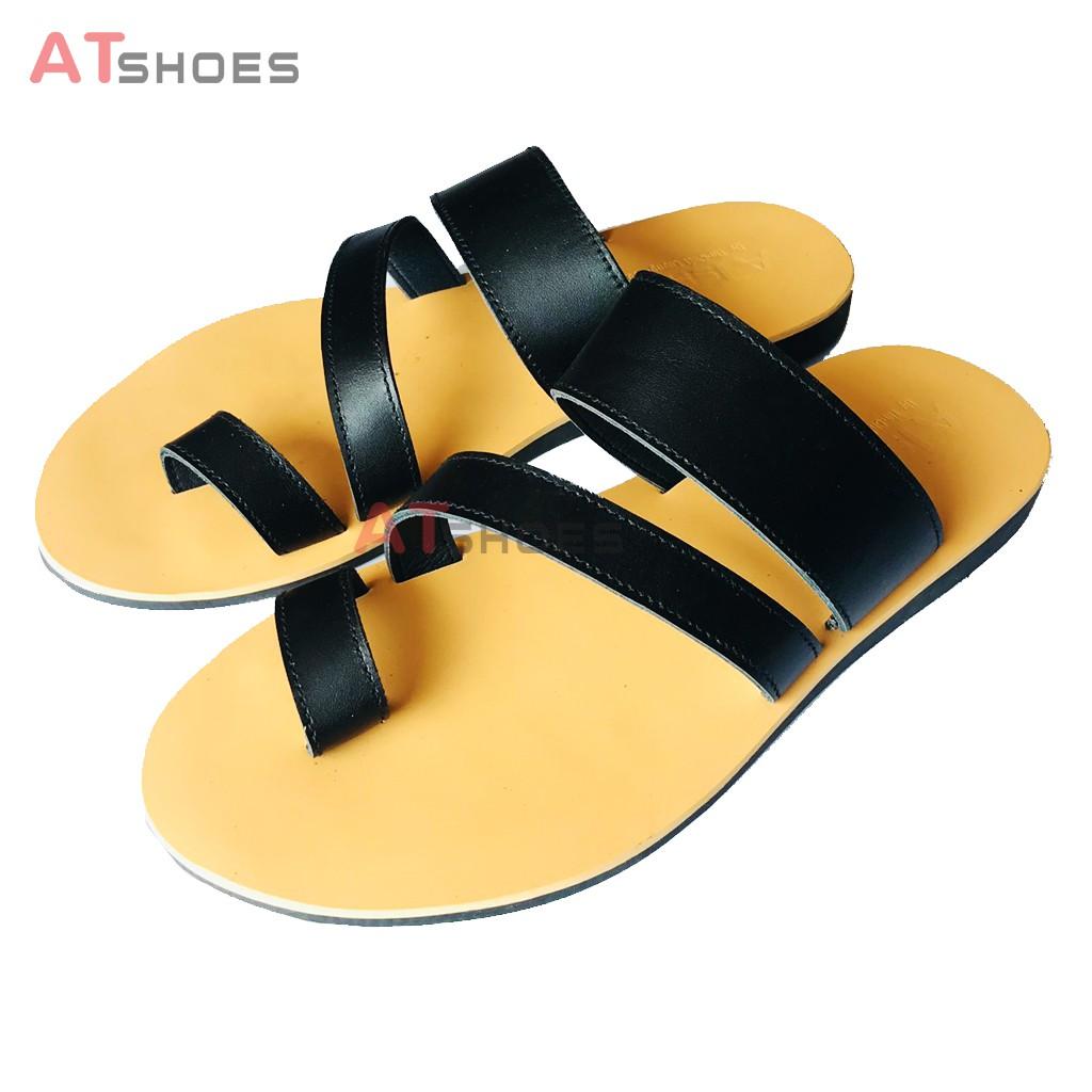 Dép Sandal Dép Xỏ Ngón Da Bò Thật Sandal Xỏ Ngón Nam Nữ Trẻ Trung Đế Caosu Chống Nước XNSG22 (Đen - Đen đế vàng