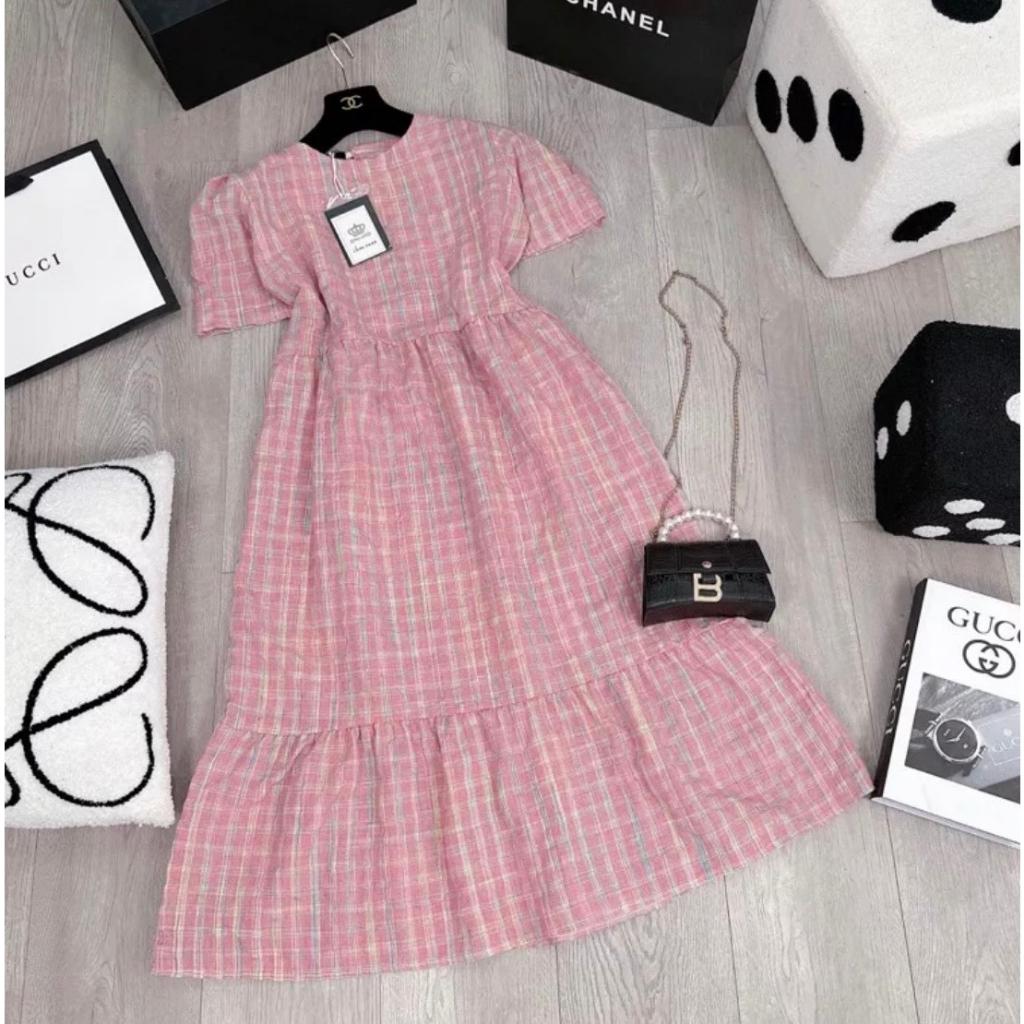 Đầm suông xốp caro cổ tròn đuôi cá siêu xinh