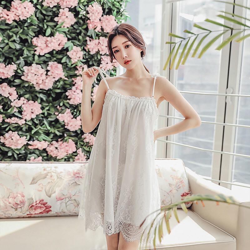 Đầm ngủ hai dây suông phối ren dễ thương