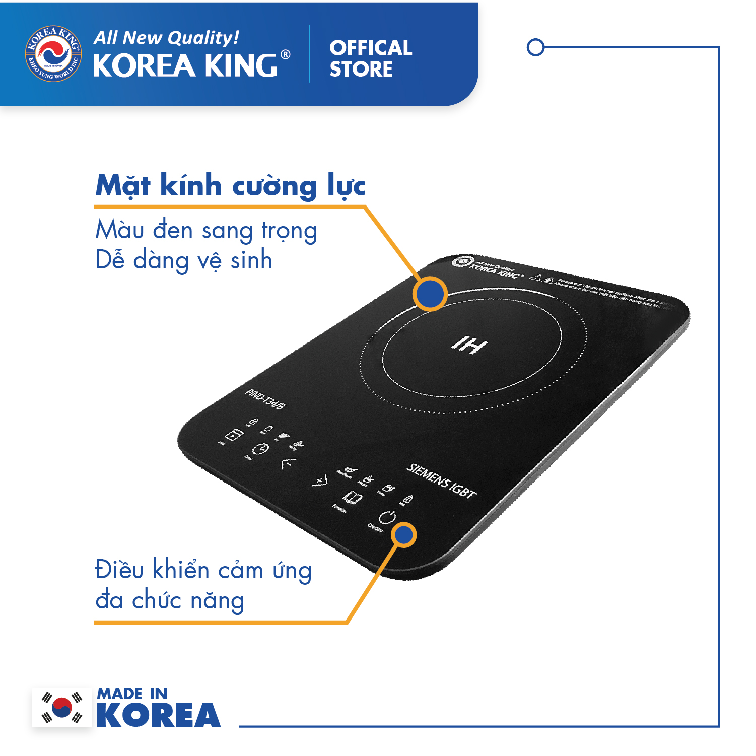 Bếp điện từ Korea King PIND-T34B (bếp đơn, mặt kính cường lực, công suất 1800W ) - Hàng chính hãng