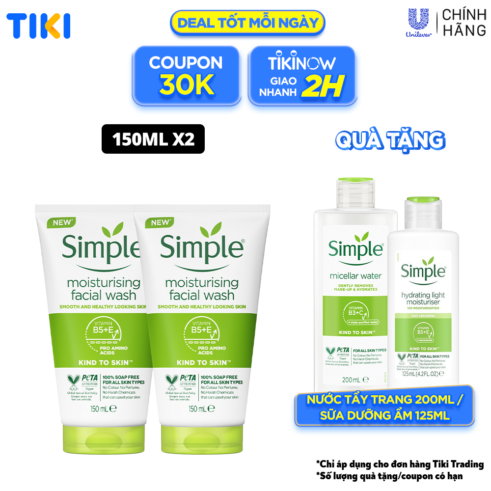 Combo 2 sữa rửa mặt Simple giúp cấp ẩm, da trông khỏe và mịn màng - cho da khô nhạy cảm 150ml
