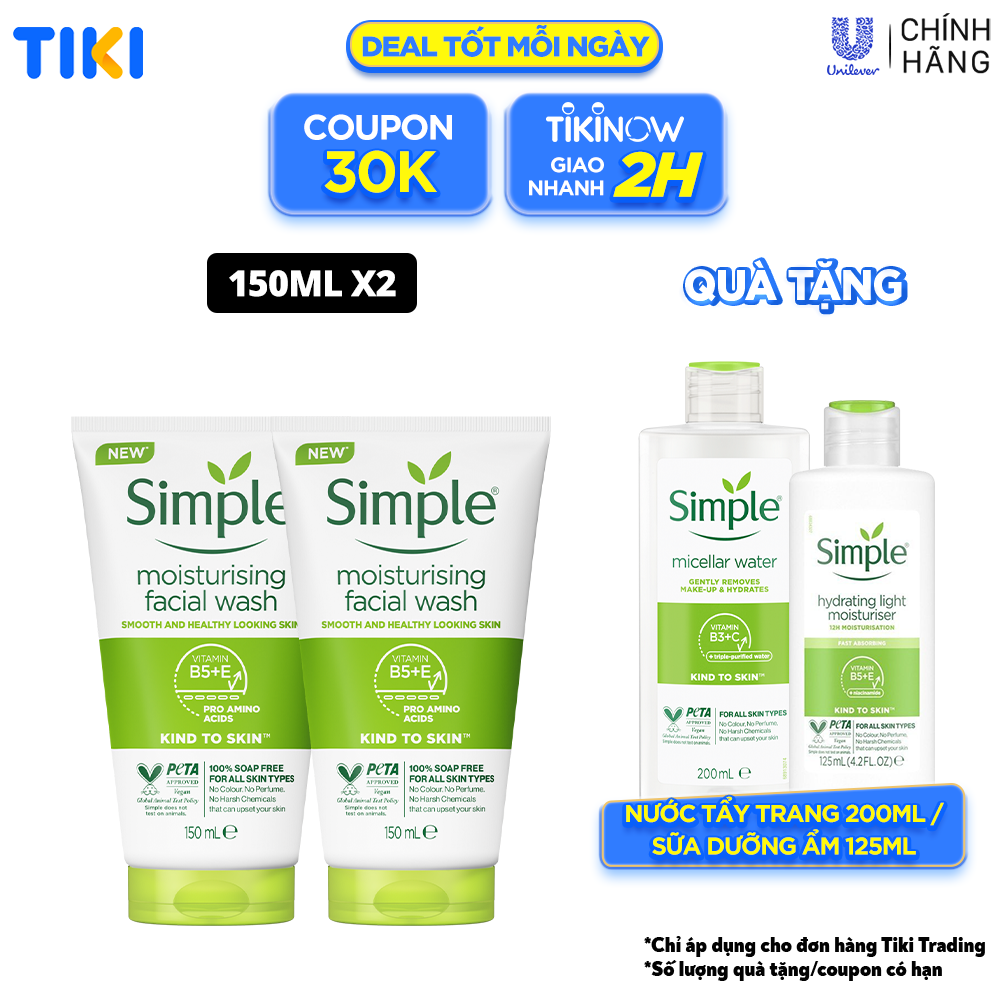 Combo 2 sữa rửa mặt Simple giúp cấp ẩm, da trông khỏe và mịn màng - cho da khô nhạy cảm 150ml [CHÍNH HÃNG ĐỘC QUYỀN] [MỚI]