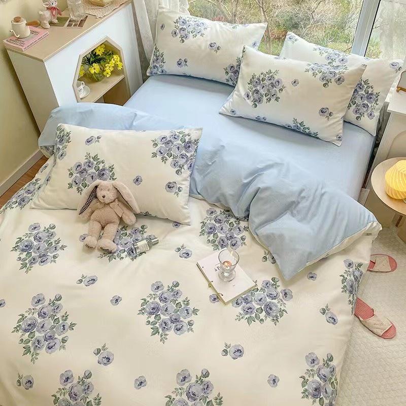 Bộ Chăn Ga Gối Côtton Living 100%cotton Hàng Nhập Khẩu Cao Cấp 4 Món Hoa Xanh