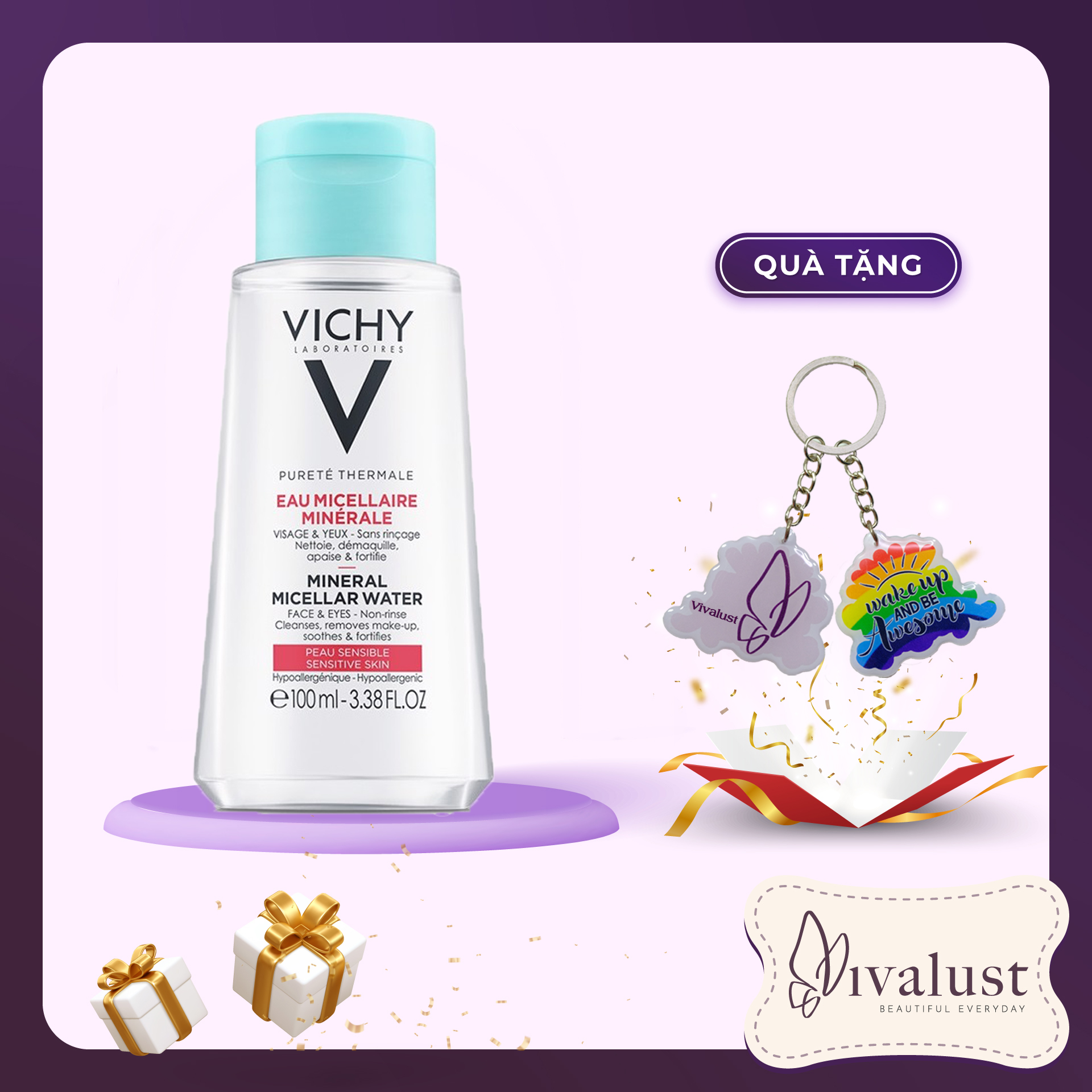 Nước tẩy trang dành cho da nhạy cảm VICHY Pureté Thermale Mineral Micellar Water - Tặng Móc Khóa