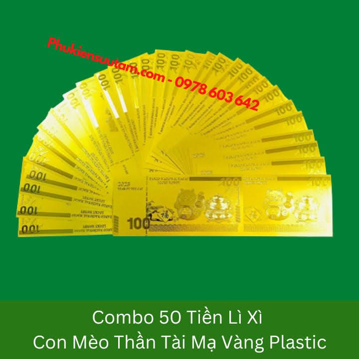 Combo 50 Tờ Lì Xì Con Mèo Thần Tài Mạ Vàng Plastic, kích thước: 15.5cmx7.5cm, màu vàng - SP005908