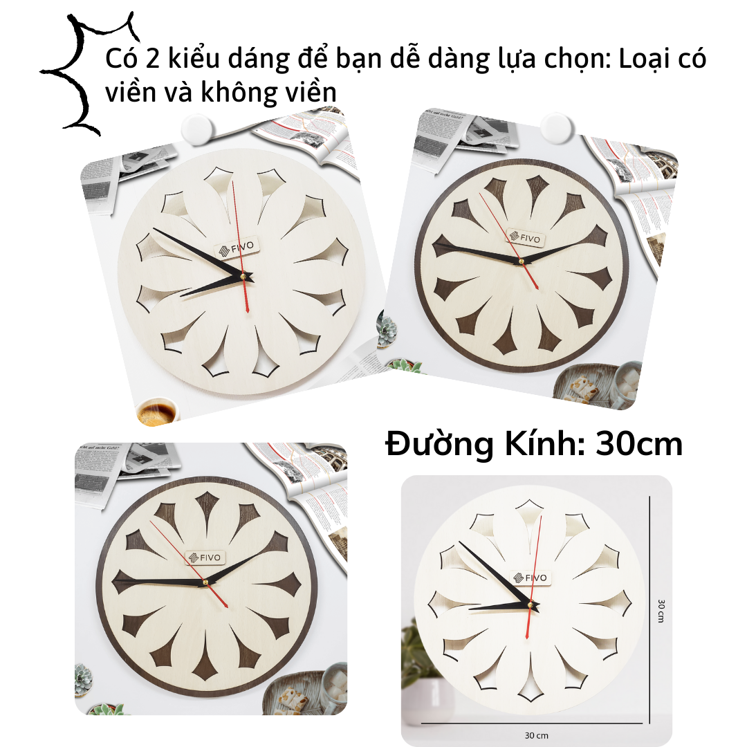 Đồng Hồ Treo Tường Gỗ Đẹp Decor Trang Trí, Hiện Đại Thương Hiệu FIVO Mẫu FW11 Hoạ Tiết Hình Thoi Cách Điệu Độc Đáo