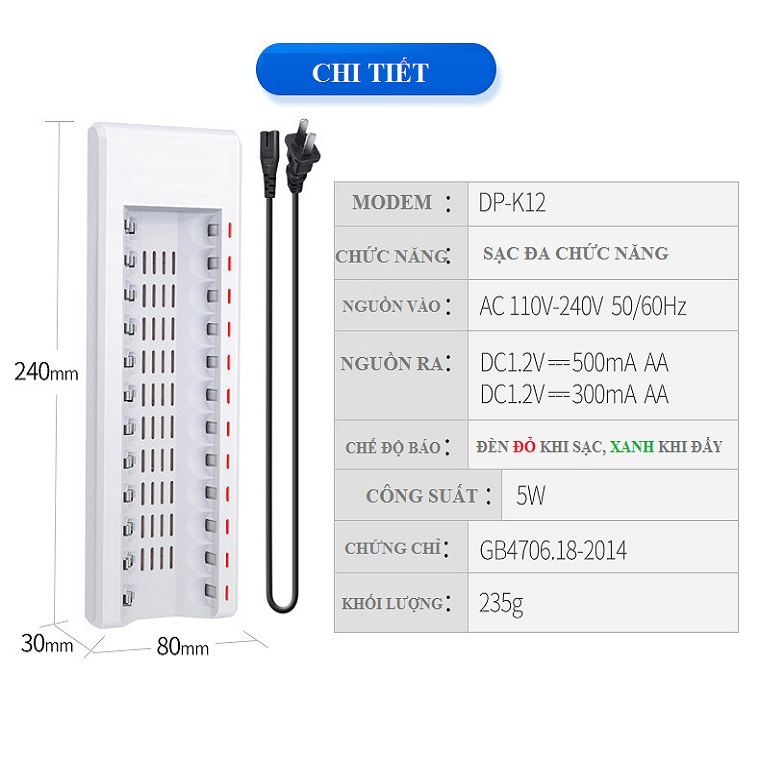 Máy Sạc 12 khe pin AA / AAA tặng kèm 12 pin 3000mAh Vàng