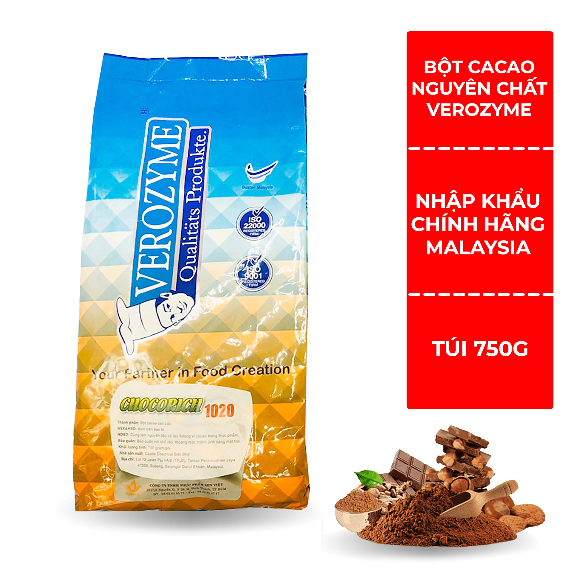 [Verozyme] Bột Cacao Nguyên Chất Malaysia - Chocorich 1020 Verozyme - 750gram - Đậm vị thơm ngon hấp dẫn - Hàng nhập khẩu chính hãng, an toàn