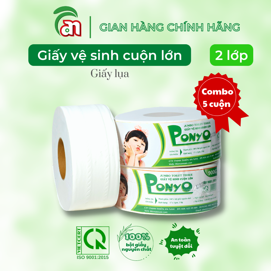 Combo 5 lốc Giấy vệ sinh cuộn lớn chất lượng cao, tan nhanh, mềm mịn PONYO JB900 2 lớp 900g - Thiên An Nam paper