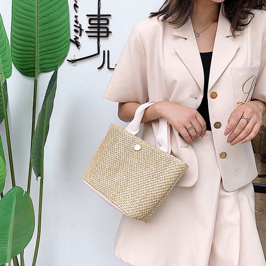 Túi xách nữ dễ thương NASI T1045 vải cói pu cầm tay đẹp túi tote đeo vai có nút bấm thời trang cho nữ công sở, học sinh