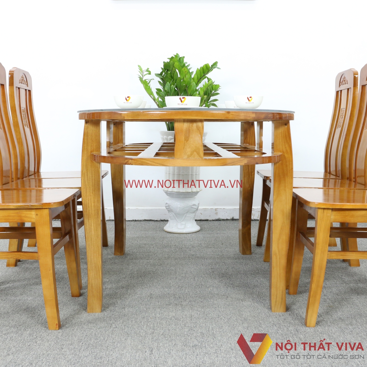 Bộ Bàn Ăn Oval 2 Tầng Gỗ Sồi Màu Cánh Gián