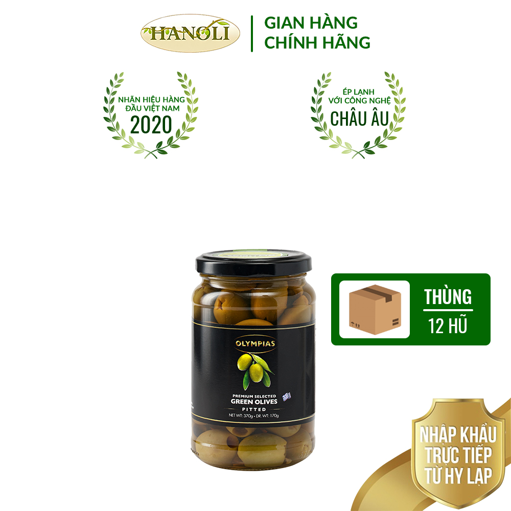 Combo thùng 12 hũ Quả oliu xanh tách hạt OLYMPIAS hũ 370g