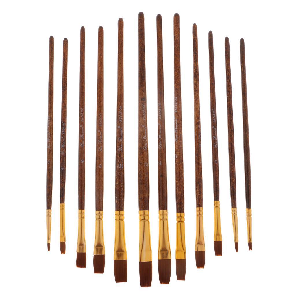 12x Nylon Hair Wood Handle Artist Oil Paint Brush Art Brushes Painting Brush