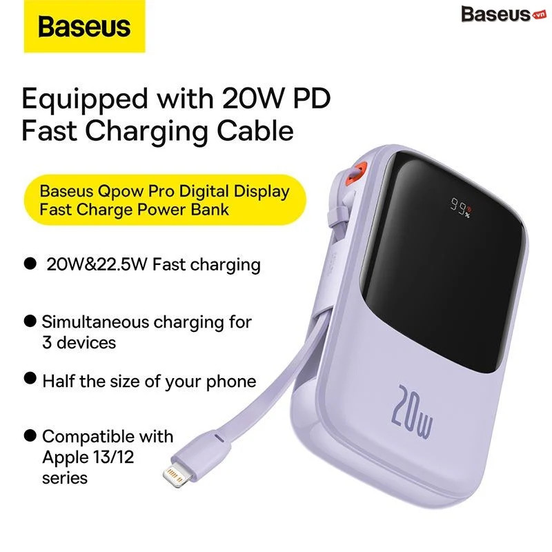 Pin Dự Phòng Sạc Nhanh Baseus Qpow Pro Digital Display Fast Charge Power Bank 10,000mhA Cho IPhone,Type-C - hàng chính hãng