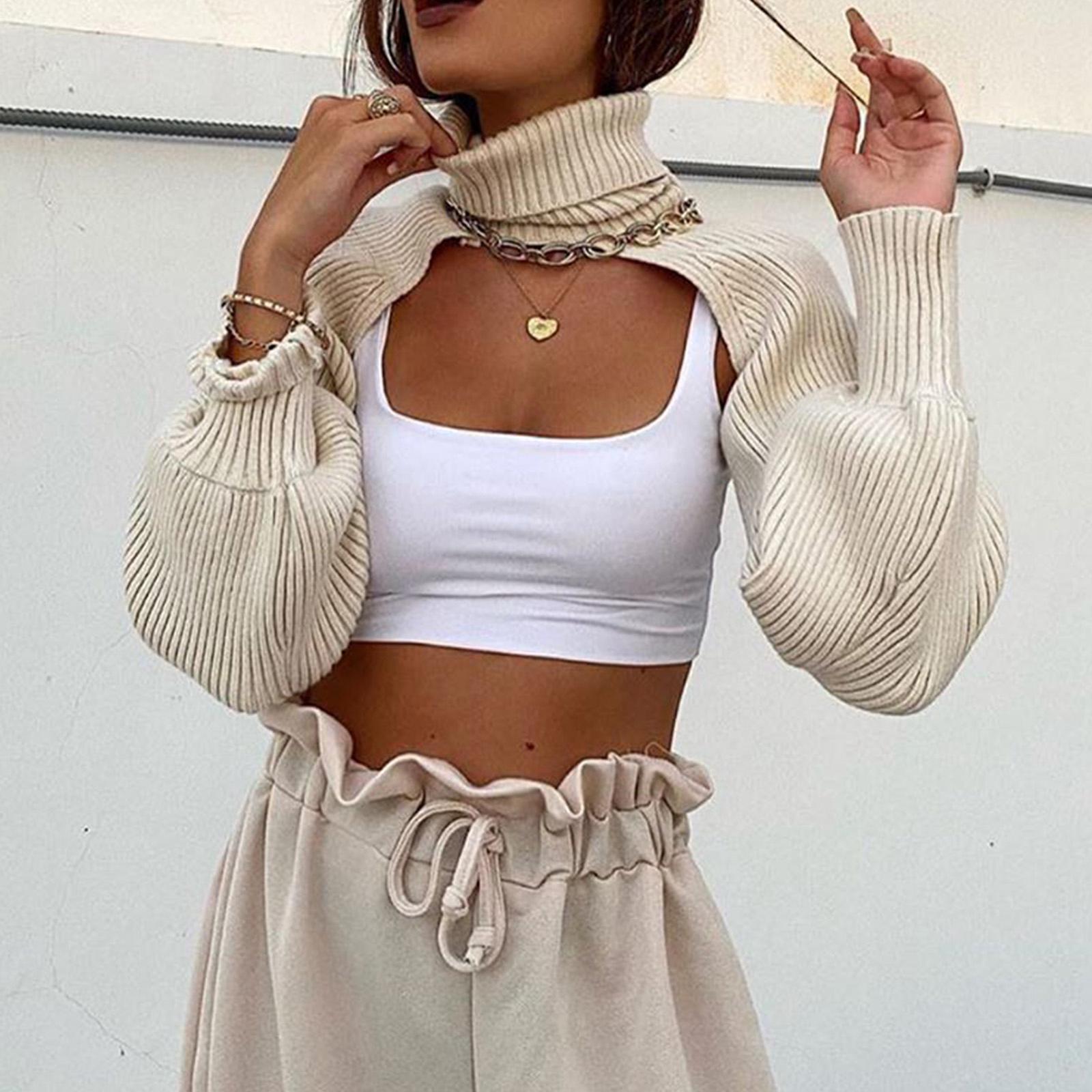 Turtleneck Short Sweater Long Sleeve Knitwear Pullover Halter Top White