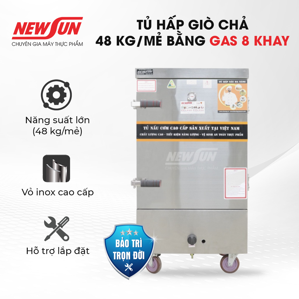 Tủ Hấp Giò Chả, Thực Phẩm 48 Kg Bằng Gas 8 Khay Inox 304 NEWSUN, Năng Suất Cao - Hàng Chính Hãng