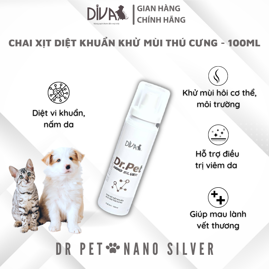 CHAI XỊT KHỬ MÙI NANO BẠC CHO THÚ CƯNG DIVA DR PET - 100ML