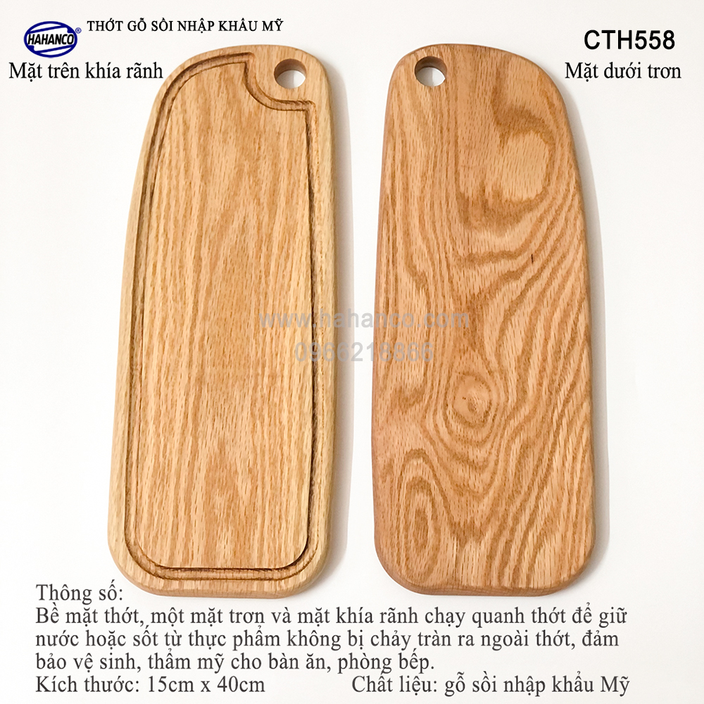 Thớt cỡ dài gỗ Sồi Mỹ (OAK) có rãnh bao quanh tiện dụng (CTH558) hàng Xuất Khẩu Châu Âu - khay bánh mì/trái cây/ bít tết/ pizza/ phụ kiện chụp ảnh, bày món ăn trong nhà hàng - Sang trọng trên bàn ăn - HAHANCO