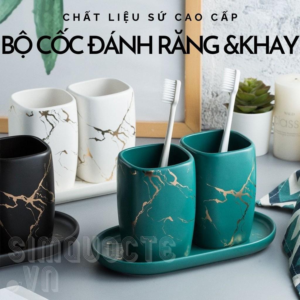 Bộ cốc đựng bàn chải đánh răng bằng sứ vân đá