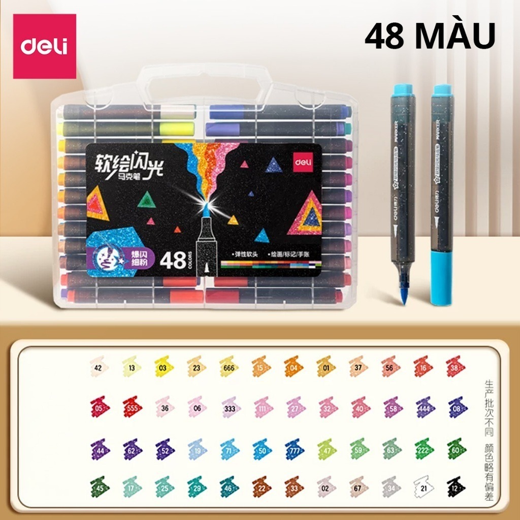 [SALE 39K] Bút Marker Nhũ Kim Tuyến 1 Đầu 12/24/36/48 Màu Deli Mềm Ngòi Nhũ Sáng Màu Vẽ Anime, Bullet Journal