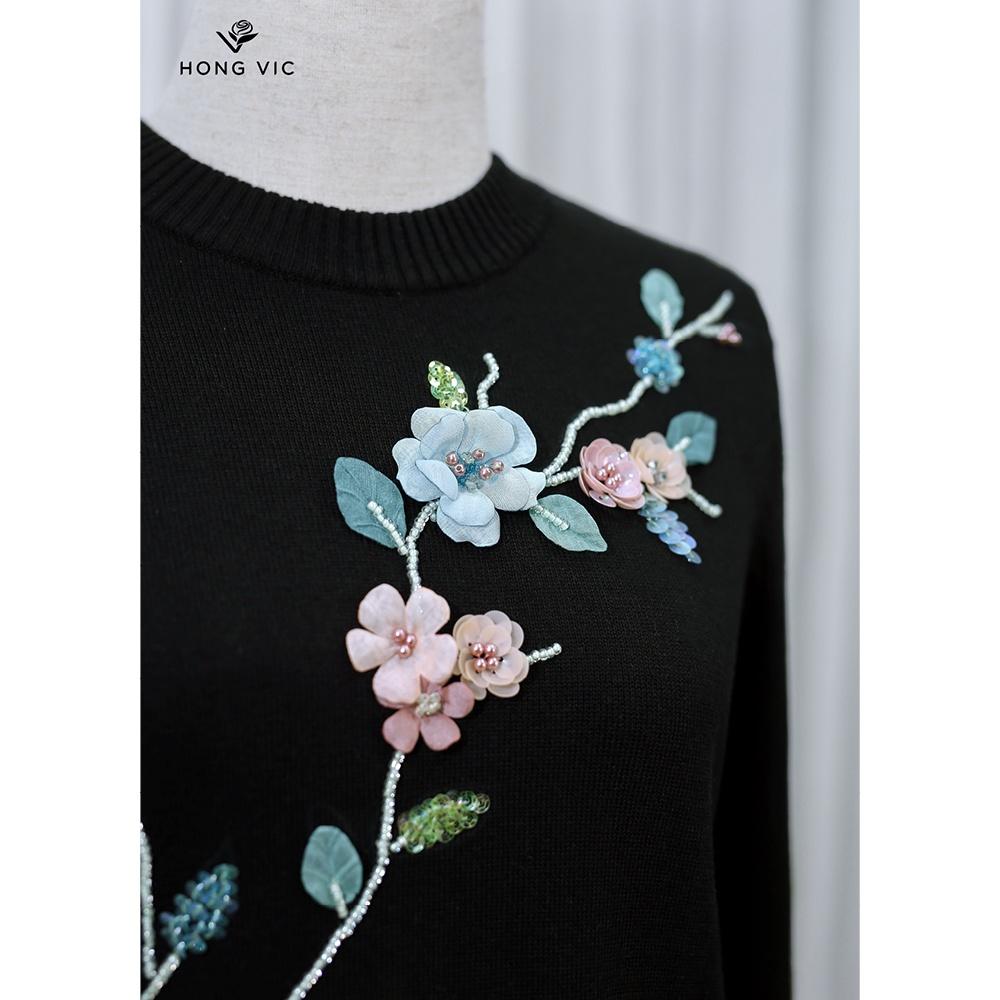 Áo nữ thiết kế Hongvic len đen đính cườm AL04
