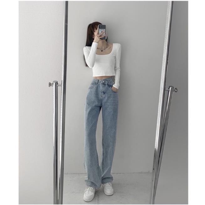 Quần Jeans Ống Rộng Xanh - Quần Ống Rộng Nữ Dáng Suông 1 Cúc Cạp Chéo Ulzzang