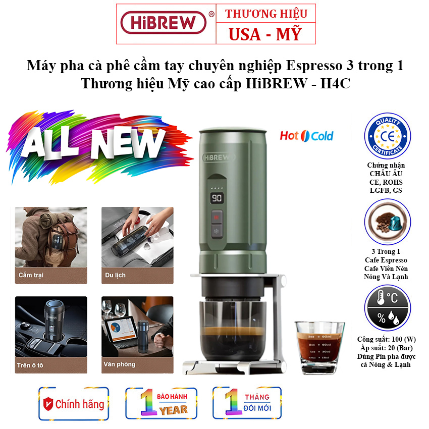 Máy pha cà phê dùng pin cầm tay Espresso 3 trong 1 HiBREW Thương hiệu Mỹ H4C - Pha nóng lạnh - HÀNG NHẬP KHẨU (BẢO HÀNH 12 THÁNG)
