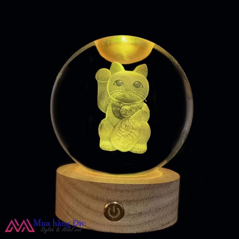 Bộ Quà Tặng Quả Cầu Pha Lê 3D larser LED Mèo Thần Tài 6cm
