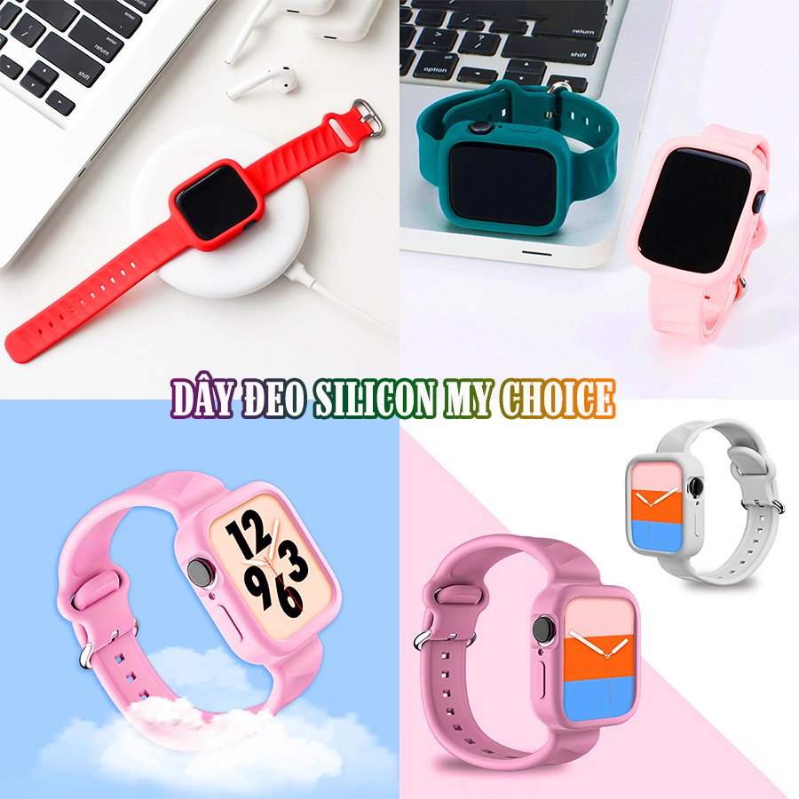 Dây Đeo liền ốp dành cho Apple Watch size 38/40/42/44mm silicon my choice - Đen (tặng dán KCL theo size)