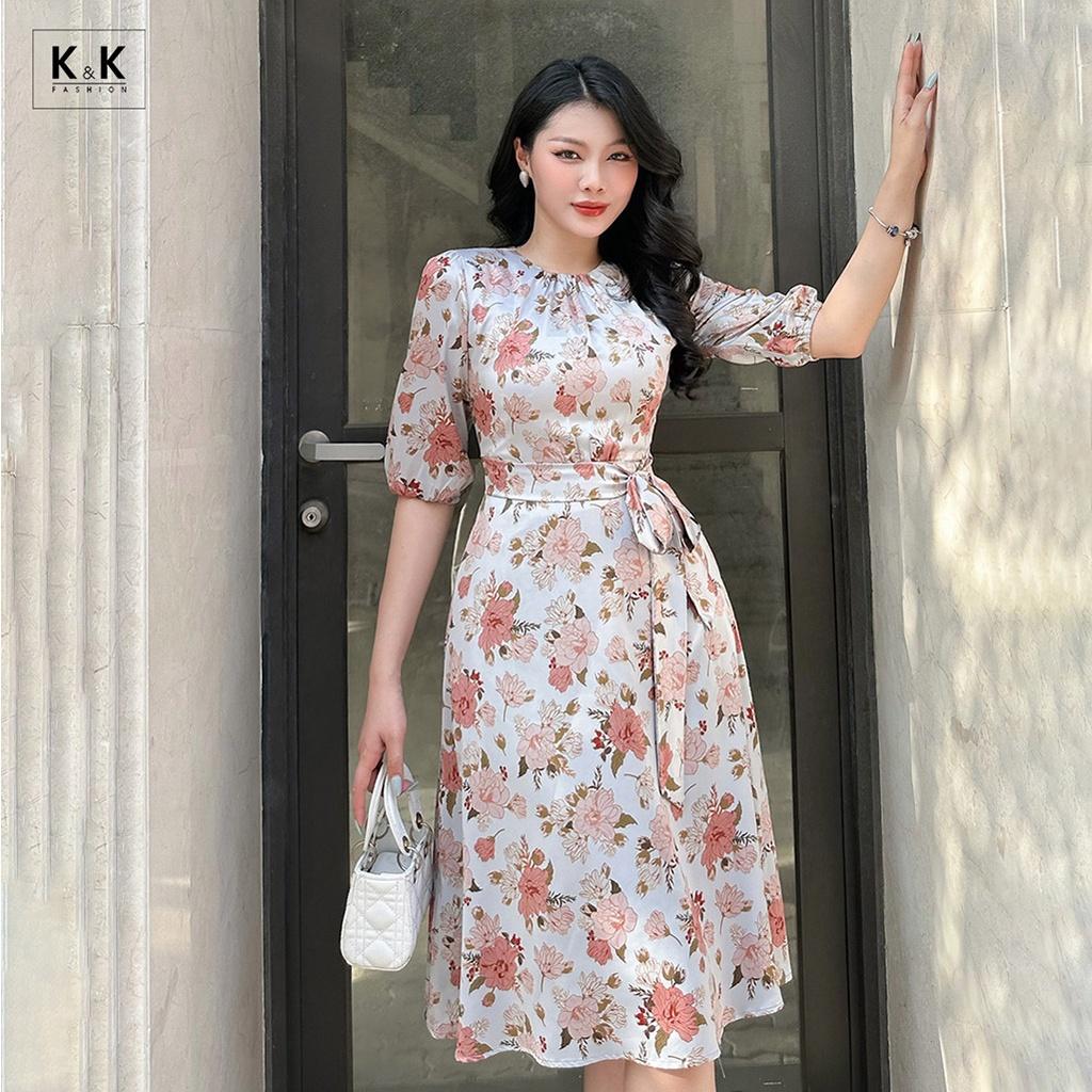 Đầm Lụa Hoa Dáng Xòe Cổ Tròn Tay Lửng K&amp;K Fashion KK119-23 Chất Liệu Lụa