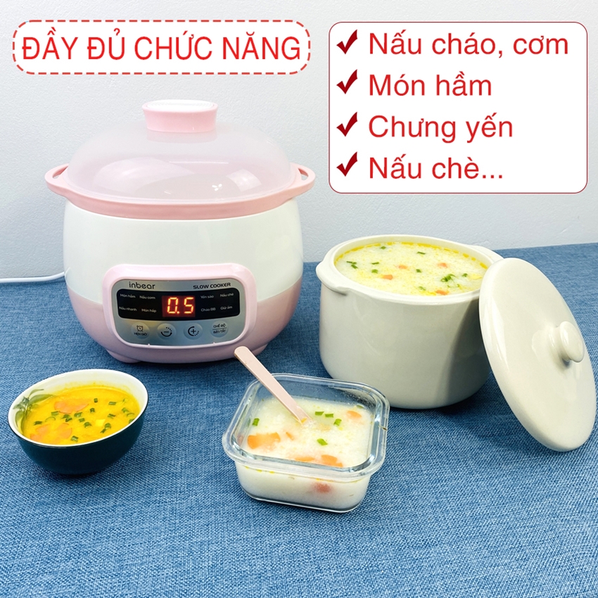 Nồi Nấu Cháo Chậm Chính Hãng INBEAR 1,6L - 8 Chức Năng Nấu Cháo Cho Bé, Nồi Chưng Yến, Nồi Hầm Hấp Cách Thủy Đa Năng, Có Xửng Hấp Và Thố Gốm , Tặng Thìa Báo Nóng Silicon