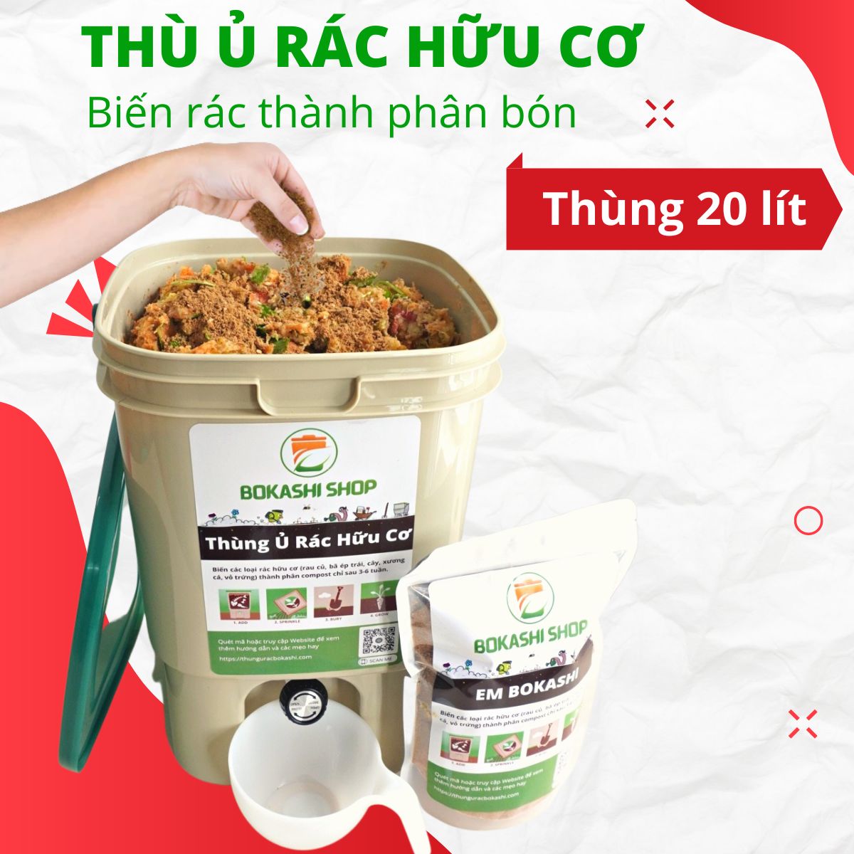 Thùng rác nhà bếp làm phân bón hữu cơ cho cây trồng Bokashi - 20L