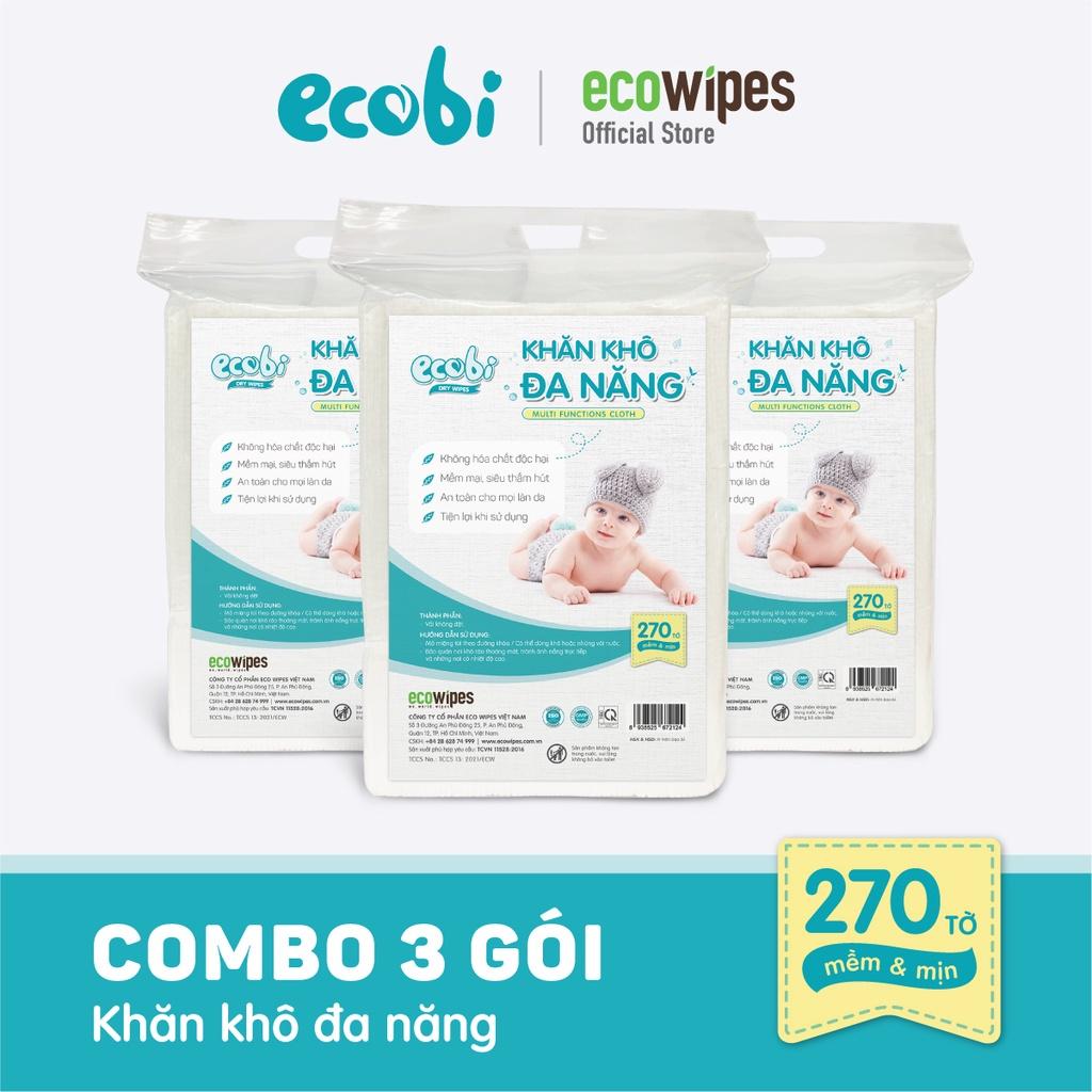 Combo 3 túi khăn khô đa năng cho bé EcoWipes Ecobi túi 270 tờ dùng thay khăn sữa an toàn cho trẻ sơ sinh