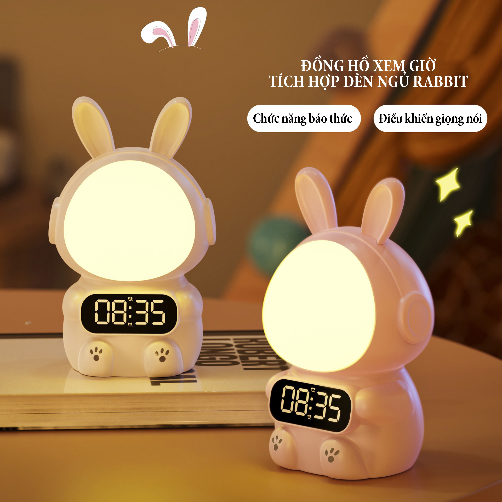 Đồng hồ xem giờ tích hợp đèn ngủ Rabbit điều khiển bằng giọng nói chức năng báo thức điều chỉnh độ sáng 4 cấp, pin sạc dung lượng 1500mA