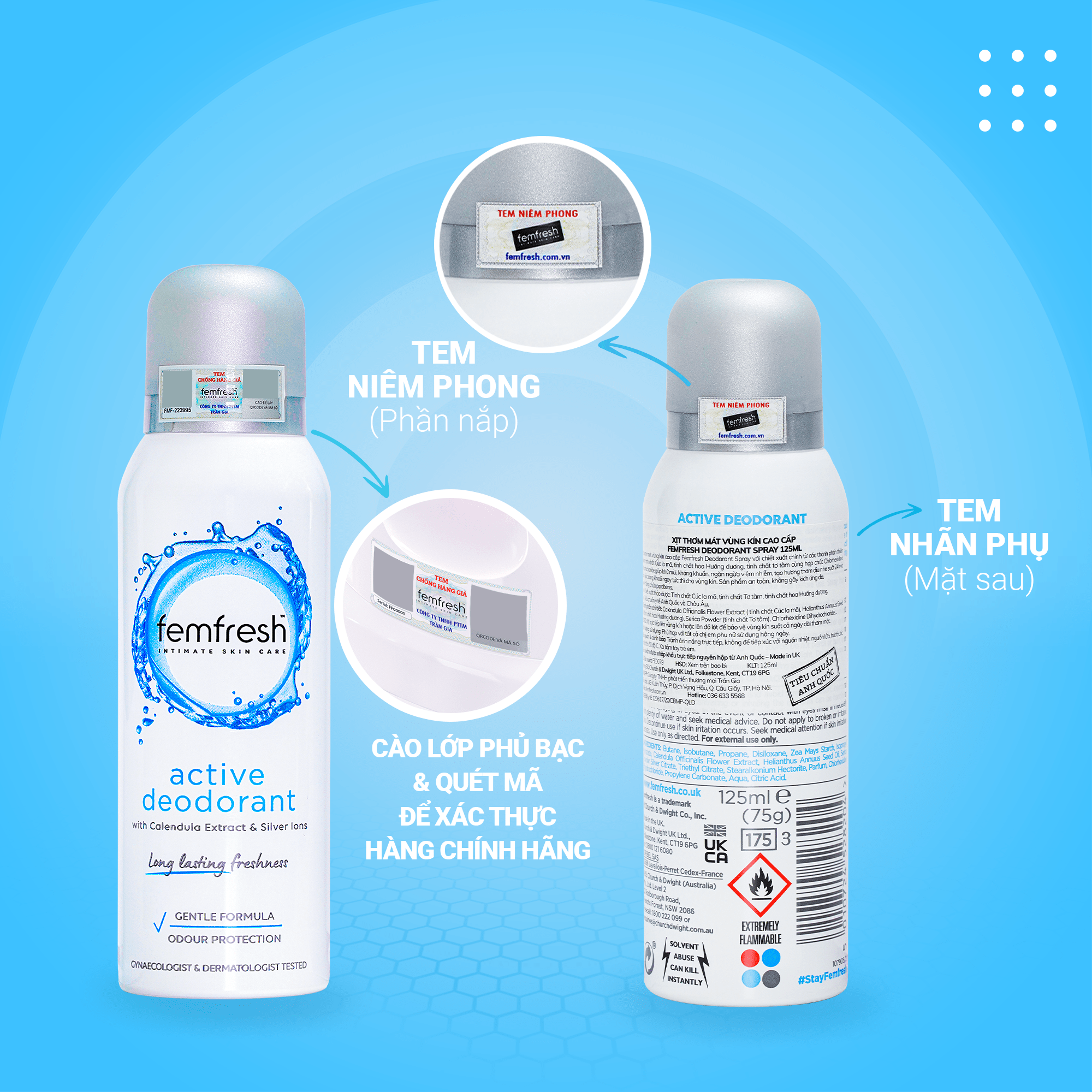 Xịt Thơm Mát, Khử Mùi "COBE" Femfresh Deodorant Spray Chứa Ion Bạc Lưu Hương Suốt 12h 125ml