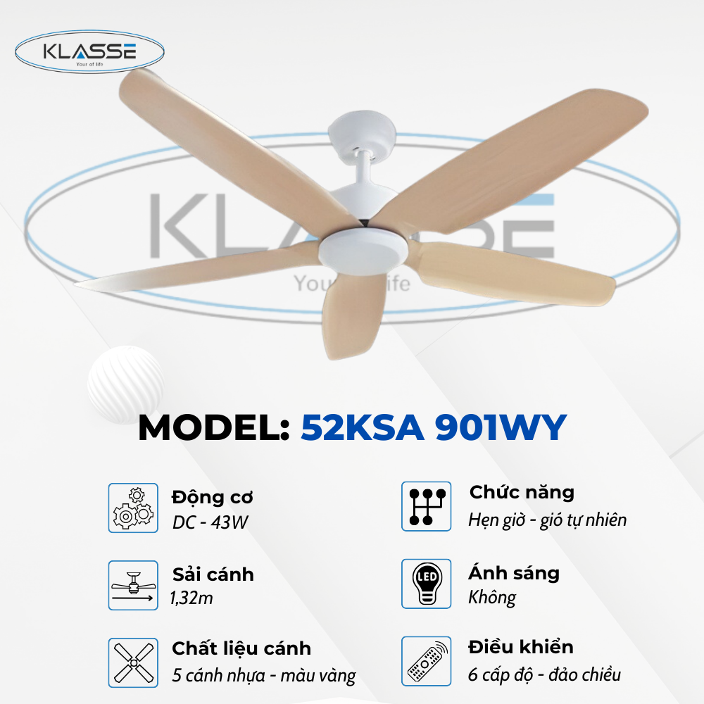 Quạt trần không đèn Klasse 52KSA 901WY Hàng chính hãng