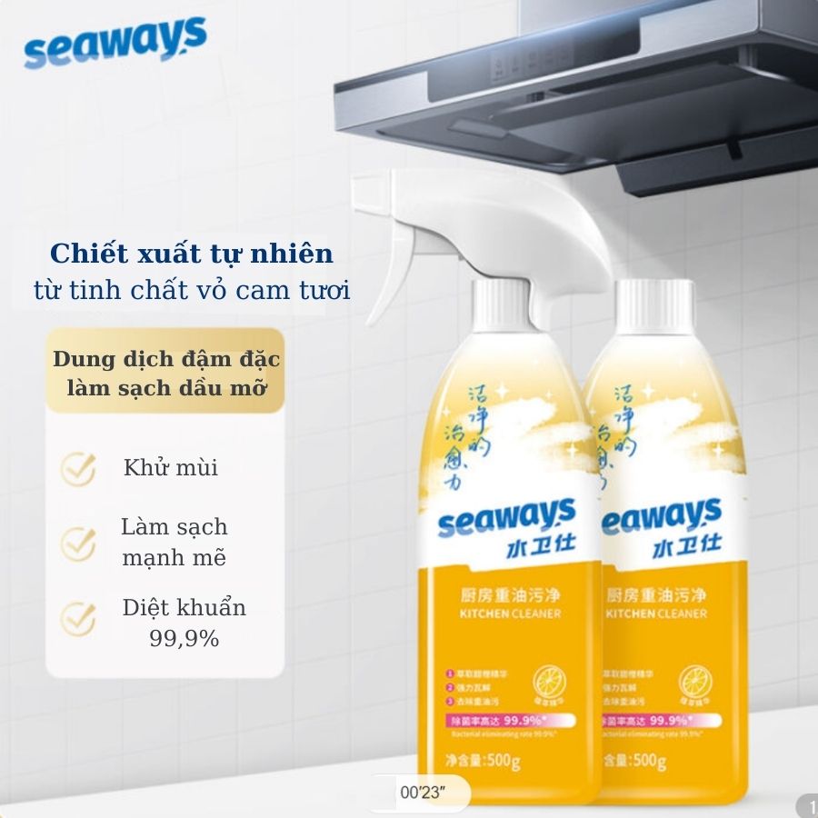 Tẩy Dầu Mỡ Vệ Sinh Nhà Bếp Seaways /Xịt tẩy đa năng/ chai 500ml/ túi 420ml